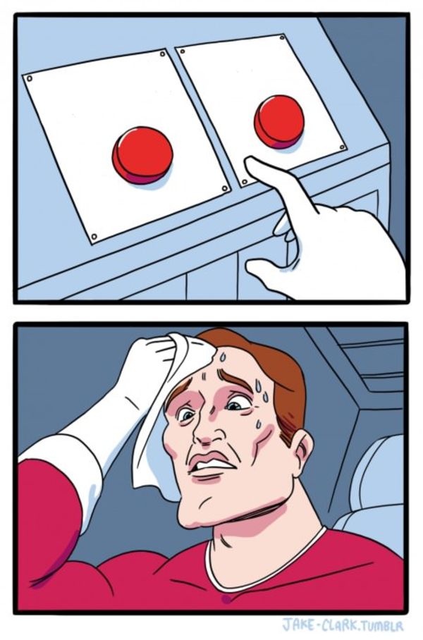 Two Buttons meme about Magna