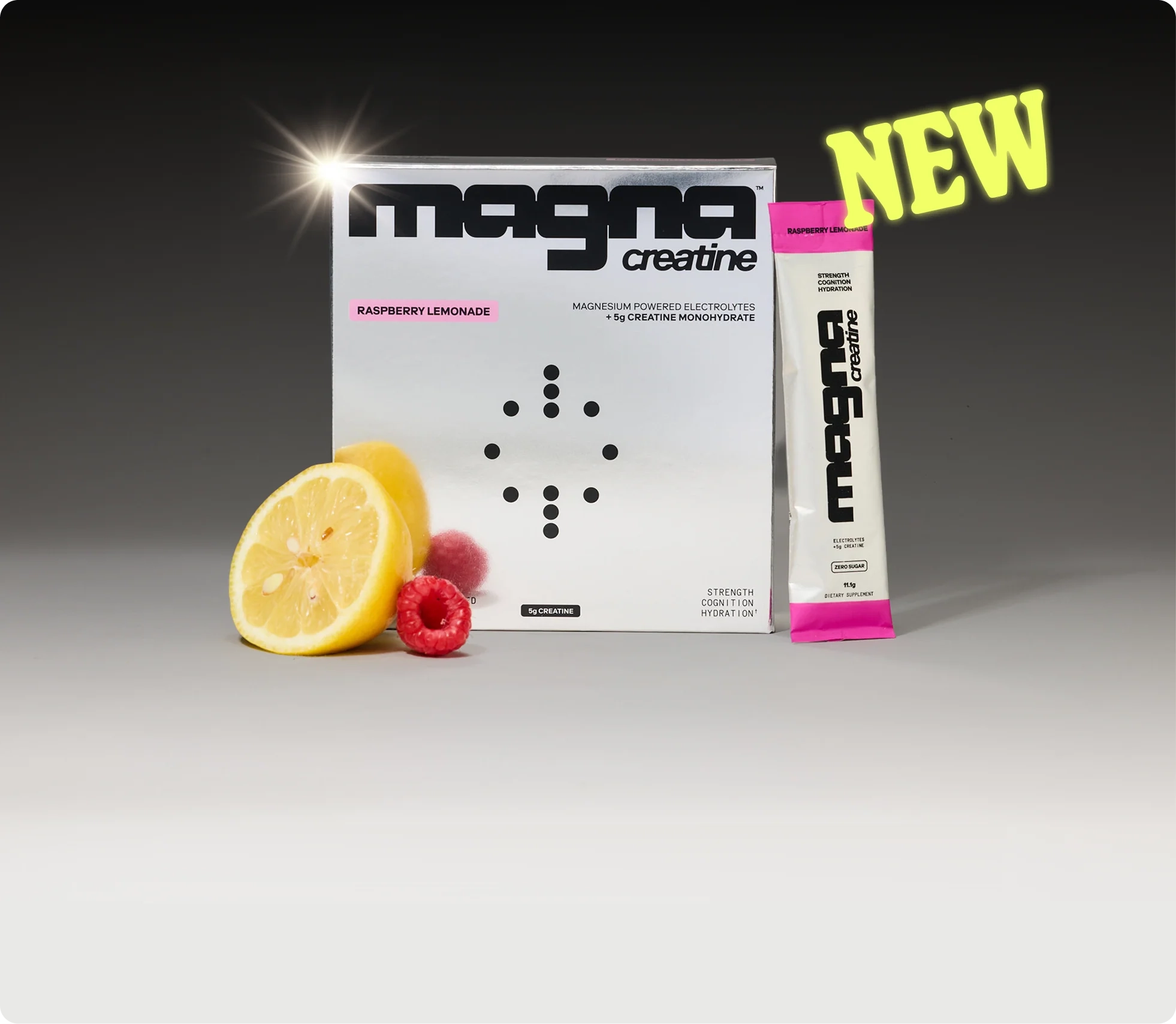 Silver magna creatine Raspberry Lemonade box with stick pack, lemon and raspberries, marked NEW