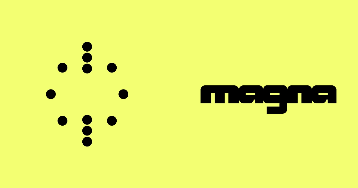 The magna dot mark and wordmark on yellow
