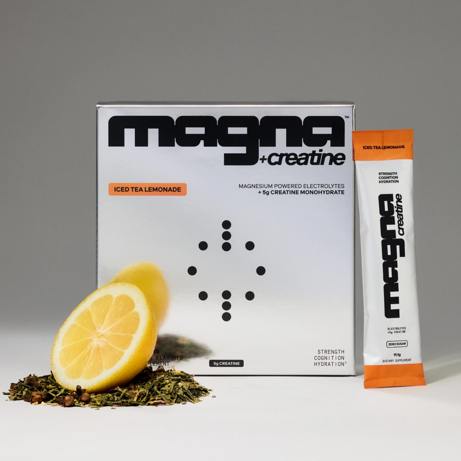 magna creatine Iced Tea Lemonade box with stick pack, lemon and tea
