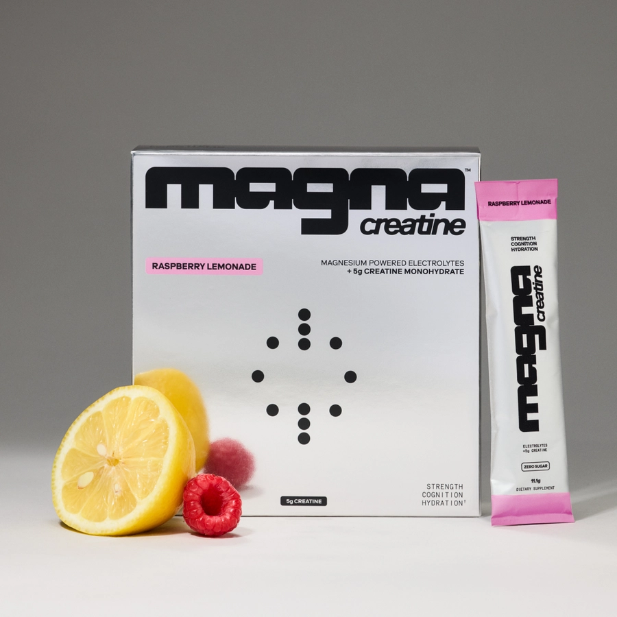 magna creatine Raspberry Lemonade box with stick pack, lemon and raspberries