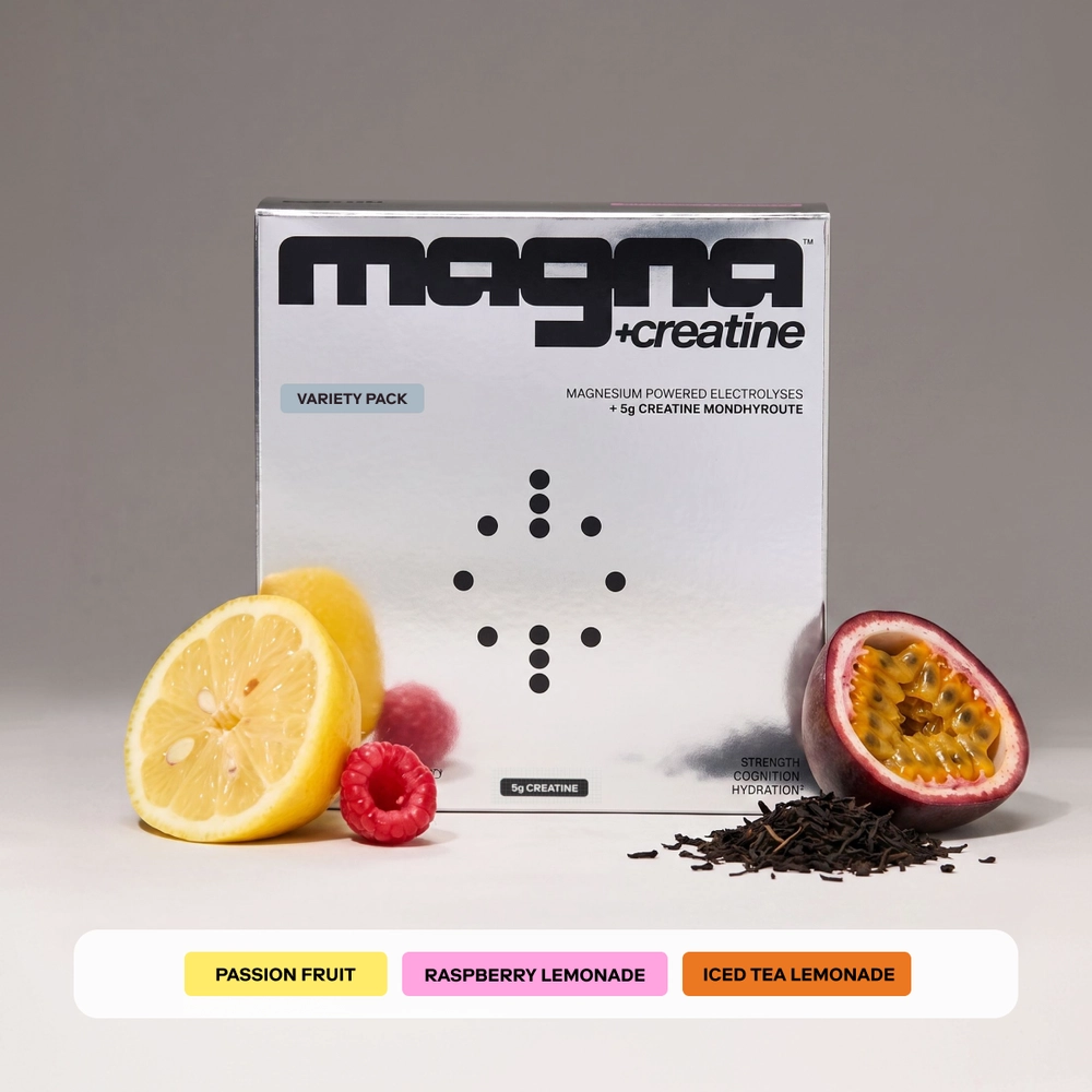 magna creatine Variety Pack box with lemon, raspberries and passion fruit